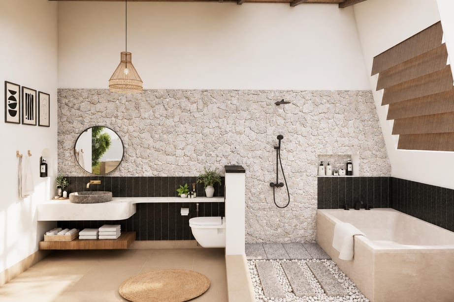 Bathroom with a stone feature wall, sculptural basin, soaking tub and pebble-set shower floor