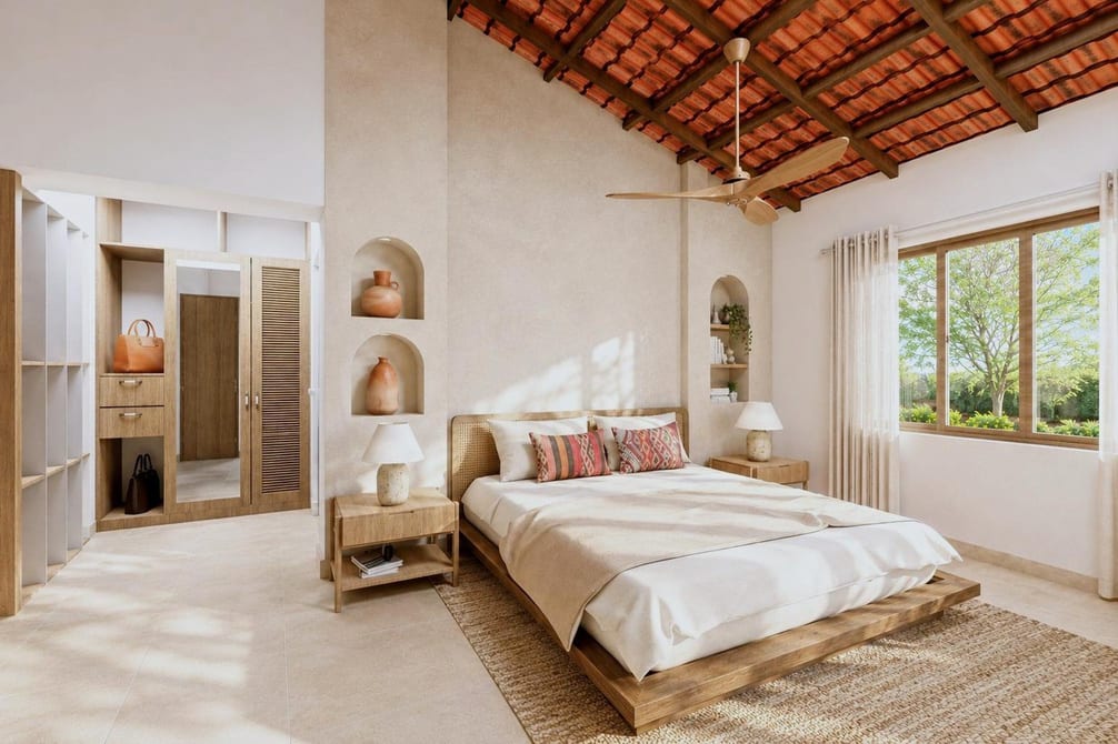 Master bedroom with an exposed terracotta-tiled ceiling, woven textures and arched wall niches