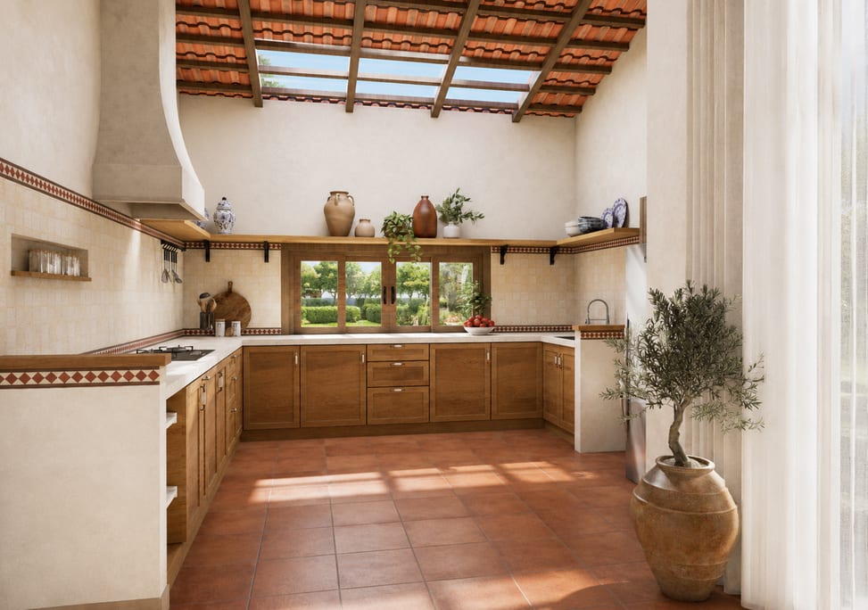 Mediterranean kitchen with natural wood cabinetry, terracotta floor tiles and open shelving