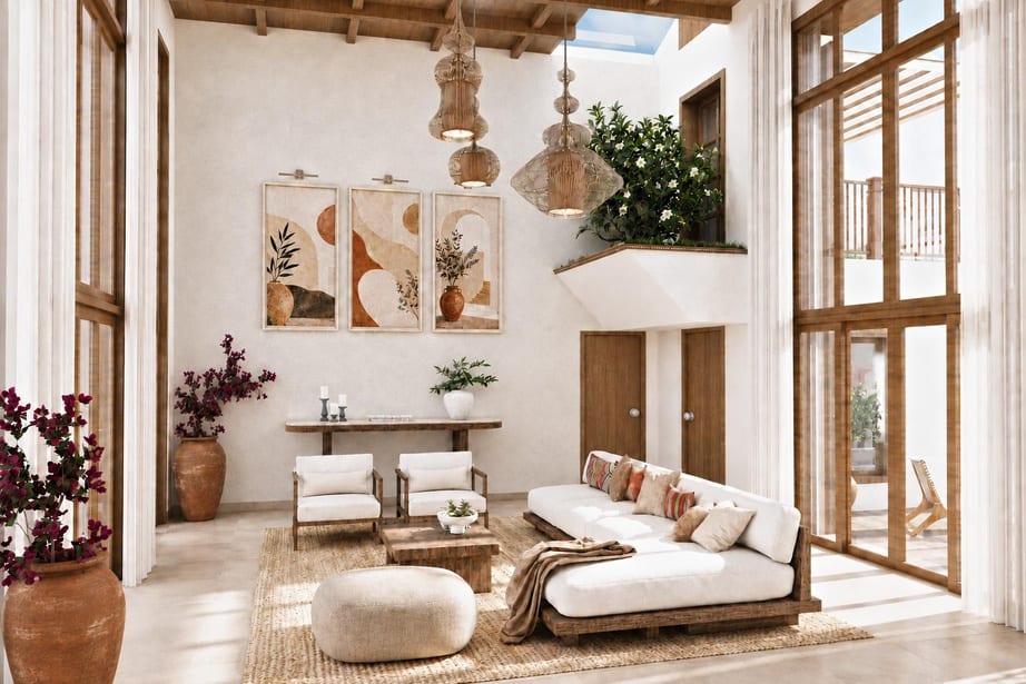 Double-height living room with woven pendants, timber beams and a planted mezzanine