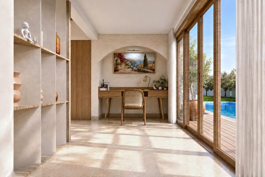 Study nook with a timber desk, bespoke shelving and poolside outlook