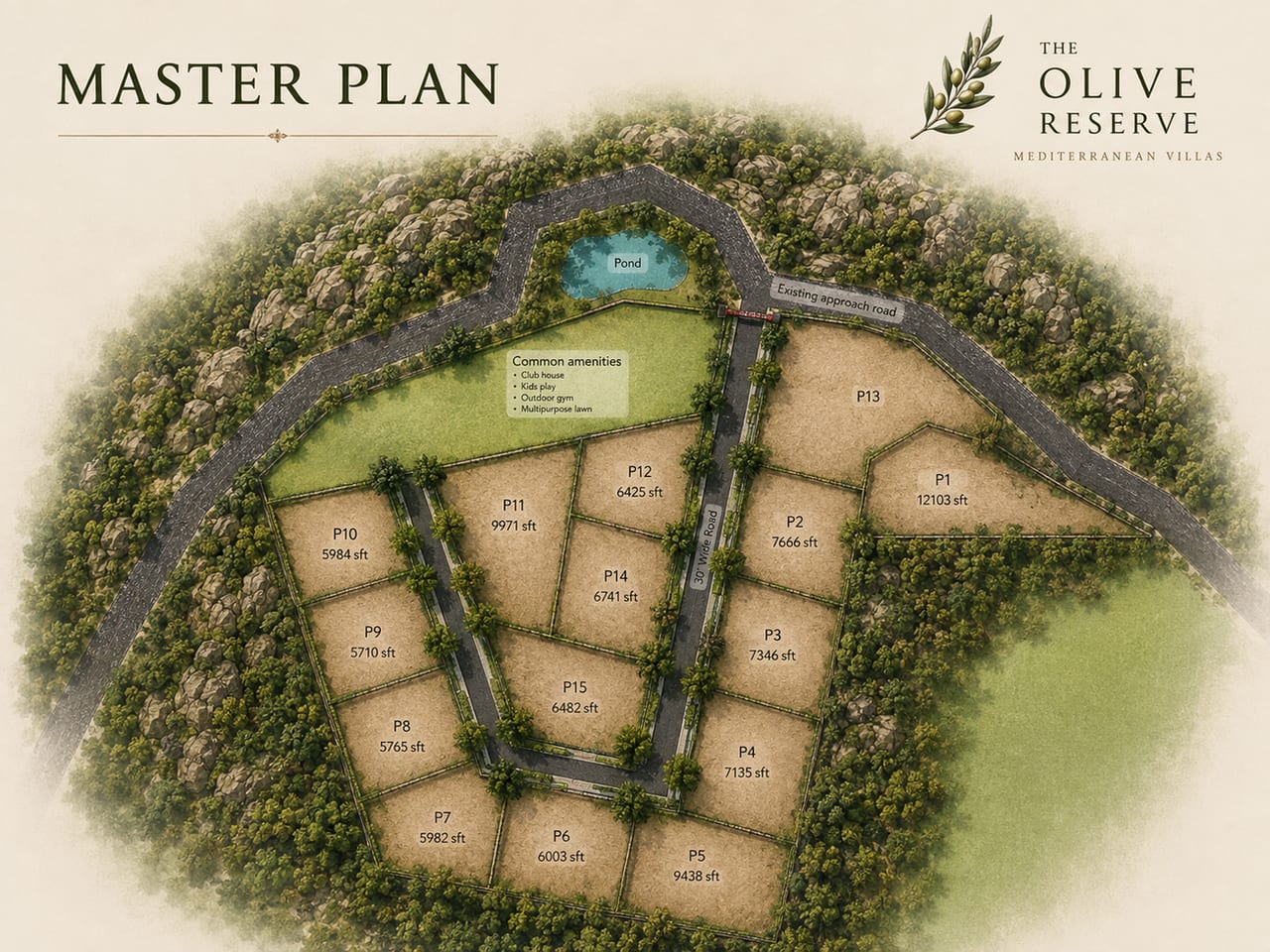 Master plan of The Olive Reserve showing 15 villa plots, the clubhouse, pond and 30 ft wide internal road